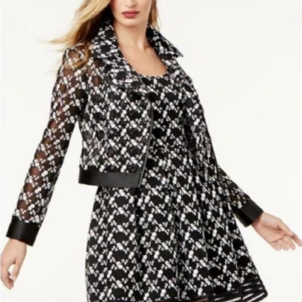 Sachin & Babi Mesh Embroidered Floral Moto Jacket Blazer Black White Zip Sheer L